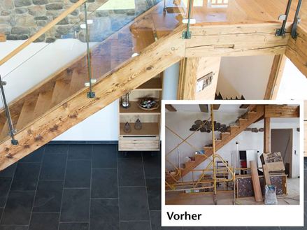 Vorher-Nachher-Bild einer Treppe mit Holz und Glas nach Renovierung mit Schiefer
