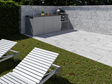 Terrasse mit Holzoptikplatten Grey Oak 3cm mit Rasen, Liegestühlen und Outdoorküche