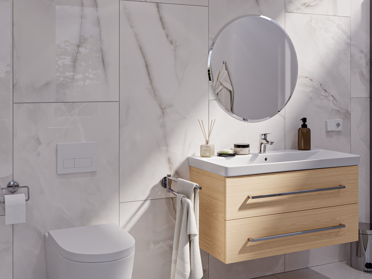 Die pflegeleichten Fliesen eignen sich perfekt für die Wand Marmoroptik Perla Crema Waschtisch WC