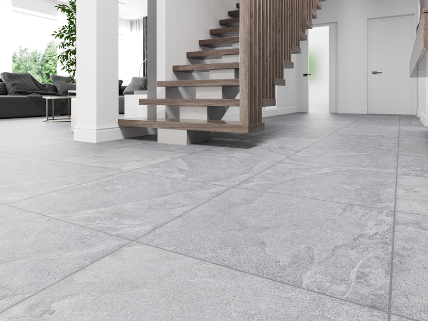 Feinsteinzeug-Fliesen Schieferoptik Alpine Grey im Flur mit Treppe