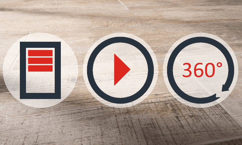 Symboles pour les articles de magazines, les vidéos et les tours panoramiques devant un sol en pierre posée